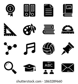 glyph Vektorsymbole Set, in flacher Design-Ausbildung, Schule, Sammlung von modernen Piktogrammen und Universität mit Elementen für mobile Konzepte und Web-Apps.
