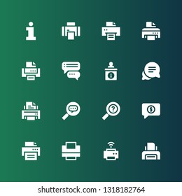 glyphs icon set. Collection of 16 filled glyphs icons included Printer, Conversation, Information