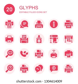 glyphs icon set. Collection of 20 filled glyphs icons included Printer, Conversation, Information