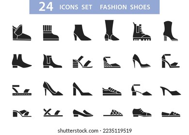 Glyphs pictograms. Women shoes icons set. Glyph shoe flat icon. Lady footwear logo sign. Casual boots, sandal, sneakers, heels element collection. Vector illustration emblem isolated on white