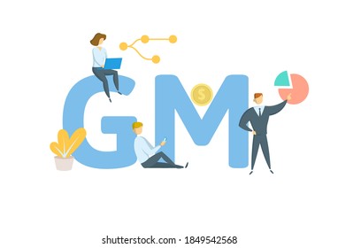 GM, margen bruto. Concepto con palabras clave, personas e iconos. Ilustración vectorial plana. Aislado sobre fondo blanco.