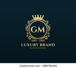 GM Initial Letter Gold calligraphic feminine floral hand drawn heraldic monogram antique vintage style luxury logo design.