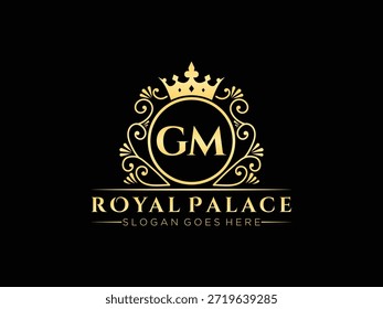 Gm modelo de logotipo de ouro luxuoso inicial. Identidade real da marca do palácio. Design de emblema heráldico e símbolo de moda
