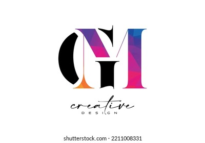 GM Letter Design with Creative Cut and Colorful Rainbow Texture. MG Letter Icon Vector Logo with Serif Font and Minimalist Style.