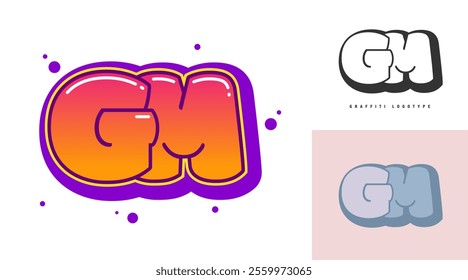 GM logo design for festival or party. Initial letter g and m in graffiti style. Creative modern lettering company name of font typography. Kids trendy logotype or identity. Vector illustration.