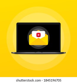 Gmail on the laptop screen illustration. Letter with rejected document. Cross mark sign. Vector on isolated background. EPS 10