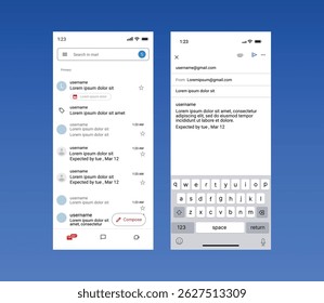Modelo de modelo de interface do usuário do Gmail. Caixa de entrada do Gmail e layout do thread de e-mail com interface para redigir mensagem. Barra de pesquisa, barra lateral e navegação de etiquetas do Gmail para um gerenciamento de e-mail eficiente na Web e no celular.