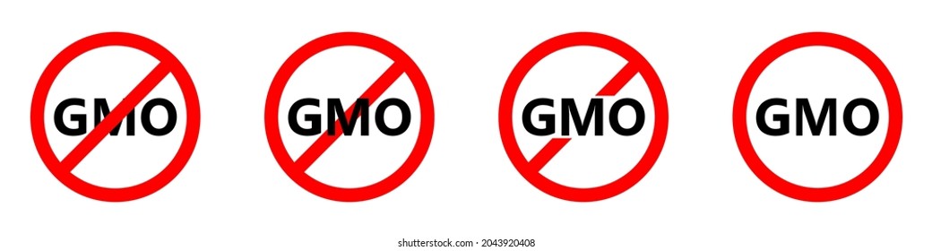 GVO-Verbotssymbol. GVO ist verboten. Beenden oder verbieten Sie rotes Rundzeichen mit GVO-Symbol. Vektorgrafik. Verbotene Schilder gesetzt.