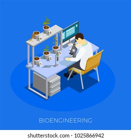 Bioingeniería OMG composición isométrica en fondo azul con científico durante el trabajo con muestras de tomate ilustración vectorial