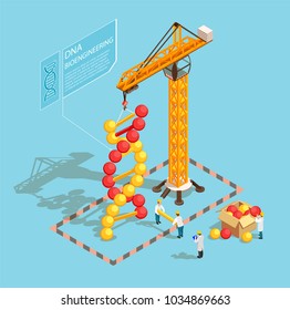 GMO bio engineering isometric composition on blue background with scientists during building of dna structure vector illustration 