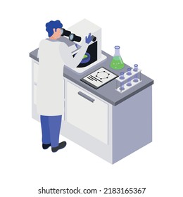 Gmo bio engineering isometric composition with human character of scientist in lab environment vector illustration