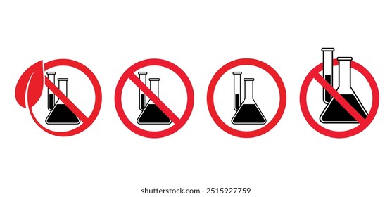 Organismo modificado genéticamente libre de OGM. icono de laboratorio. Contiene ingredientes que pueden haber sido derivados de ingredientes modificados genéticamente. Química, Matraz químico, fórmula o signo de laboratorio