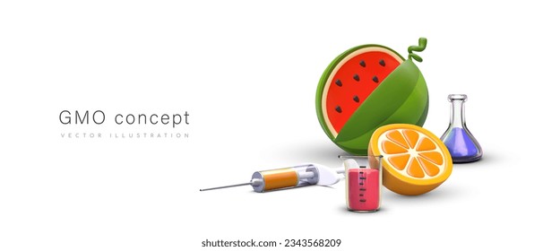 GMO concept. Experiment on vegetables and fruits. Color realistic illustration in cartoon style. Genetic bioengineering. Controlled forced mutation. Vector layout