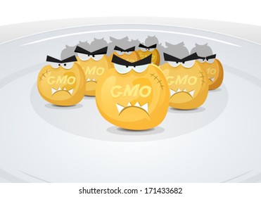 Gmo Corn Grains In My Plate/ Illustration of cartoon angry poisoned corn grains genetically modified organism attack inside dish plate, symbolizing toxic food and meal from the big industry