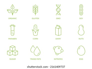 GMO, Dairy, Sugar, Gluten, Nuts, Corn, Paraben, Nitrates, Trans Fat, Soy, Milk and Egg Line Green Sign Set. Vegan Food Product Outline Icon. Organic Allergy Ingredient Line Logo. Vector Illustration.