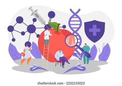 Gmo experiment, scientist test product with genetic modification, vector illustration. Science work for graphic people health design