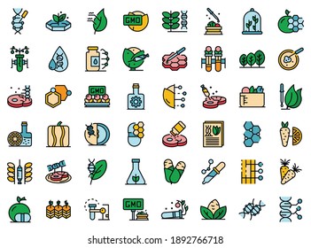 Gmo food icons set. Outline set of gmo food vector icons thin line color flat on white