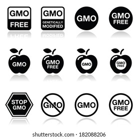 GMO food, no GMO or GMO free icons set