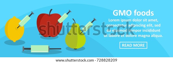 GMO foods
banner horizontal concept. Flat illustration of GMO foods banner
horizontal vector concept for web
design
