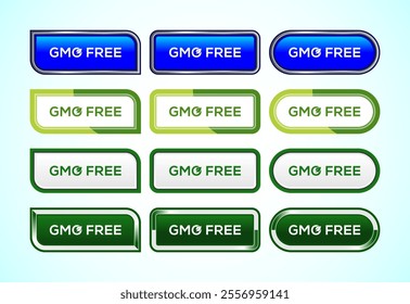GMO Free button set of different shapes and colors. Suitable for mobile app, and website UI design.