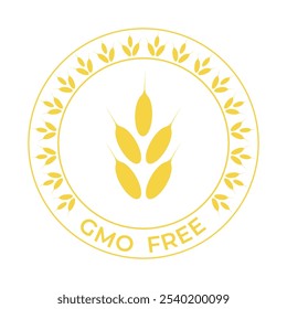 GMO free food label, yellow, dry, ripe wheat, isolated on white. Vector illustration , sign, symbol, premium stamp for natural, healthy, organic, bio, eco food.	