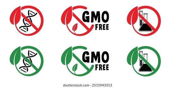 livre de OGM, organismo geneticamente modificado. contém ingredientes que podem ter sido derivados de ingredientes geneticamente modificados. Pare, sem produtos químicos artificiais. Conceito de alimento orgânico saudável. 