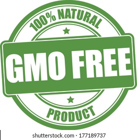 GMO FREE green circular stamp. White background.