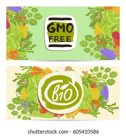 GMO free horizontal flyers set vector illustration. Natural cabbage, tomato, radish, mushroom, peppers, potatoes, carrots. Vegetarian organic raw food, healthy lifestyle, bio and eco nutrition concept