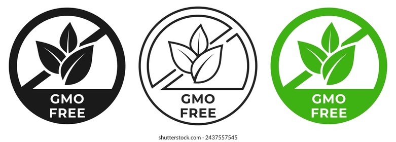 GMO free icon. Non GMO forbidden label. Chemicals free ban or prohibition logo, illustration, badge, symbol, stamp, sticker, emblem or seal isolated.