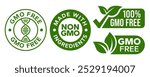 GMO free icon set. Non GMO label. No added or artificial chemicals logo, label, badge, sticker, symbol, emblem, stamp, line, vector, isolated illustration. GMO free label for product packaging design.