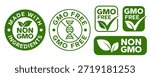 GMO free icon set. Non GMO label. No added or artificial chemicals logo, label, badge, sticker, symbol, emblem, stamp, line, vector, isolated illustration. GMO free label for product packaging design.
