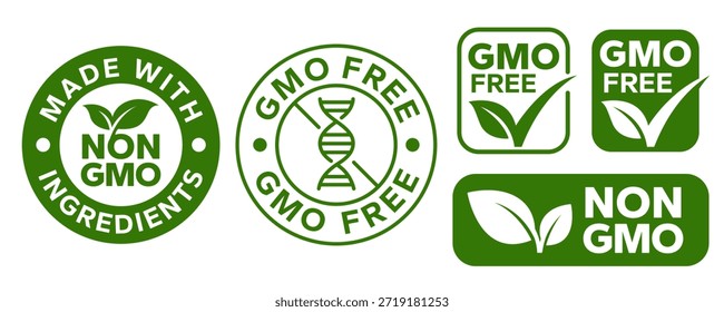 Conjunto de iconos libres de OGM. Etiqueta no OGM. No hay productos químicos añadidos o artificiales logotipo, etiqueta, insignia, pegatina, símbolo, emblema, sello, línea, Vector, ilustración aislada. Etiqueta libre de OMG para el diseño de envases de productos.