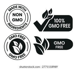 GMO free icon set. Non GMO label. No added or artificial chemicals logo, label, badge, sticker, symbol, emblem, stamp, line, vector, isolated illustration. GMO free label for product packaging design.