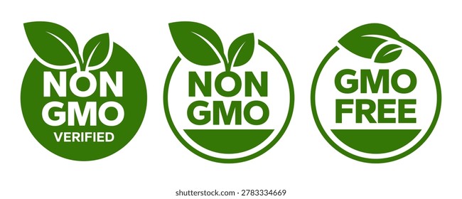 GMO free icon set. Non GMO label. No added or artificial chemicals logo, label, badge, sticker, symbol, emblem, stamp, line, vector, isolated illustration. GMO free label for product packaging design.
