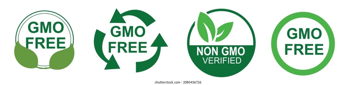 GMO free icons. Non GMO label set. Healthy organic food concept. No GMO design elements for tags, product packag, food symbol, emblems, stickers. Vegan, bio. Vector illustration