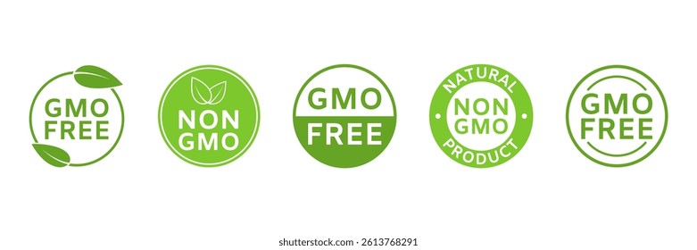 GMO free icons. Non GMO labels. Healthy food concept. Organic cosmetic. No GMO design elements for tags, product package. Ecology, vegan, bio. Beauty product. Sustainable life. Vector illustration.