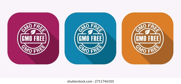 Etiqueta libre de OMG con el símbolo de la hoja en cuadrados redondeados coloridos