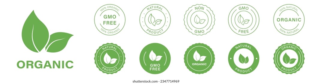 Gmo Free Label, Non Gmo Badge Set. Organic Healthy Vegan Food Icons. Natural Product Eco Stamp. Bio Herbal Sticker Collection. 100 Percent Ecology Symbol. Isolated Vector Illustration.