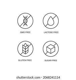 Gmo free, lactose free, gluten free, sugar free simple thin line icon set vector illustration