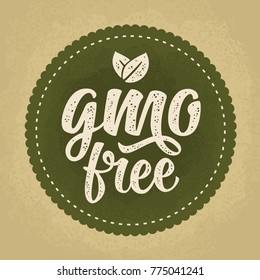 GMO free lettering with leaf. Vector beige vintage illustration isolated on dark green circle sticker. Old paper background.