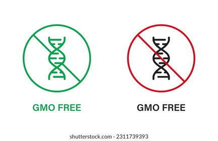 Juego De Icono De Línea Libre De Gmo. Solo Producto Ecológico Natural. Signo De Parada De Gmo. Símbolo prohibido modificado genéticamente. Concepto de alimentos naturales saludables. Ilustración de vectores aislados.