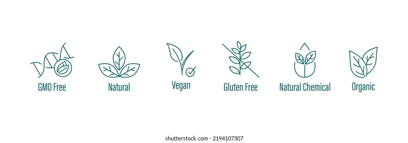 gmo free, natural, vegan, gluten free, natural chemical, organic icon set vector illustration 