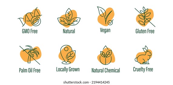 gmo free, natural, vegan, gluten free, palm oil free, locally grown, natural chemical, cruelty free icon vector illustration