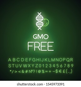 GMO free neon light icon. Organic eco food. Natural fruits, vegetables. Product free ingredient. Healthy eating. Glowing sign with alphabet, numbers and symbols. Vector isolated illustration