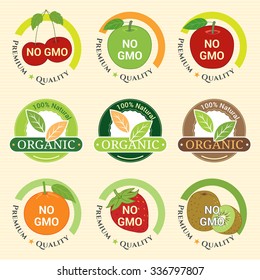 GMO Free Non GMO and organic guarantee tag label emblem sticker for fruits strawberry kiwifruit orange apple cherry
