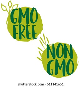Gmo free and non gmo product green hand drawn labels vector set with leaves