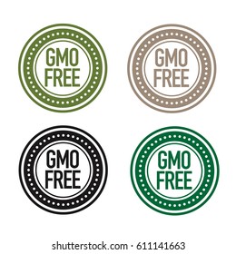 Gmo free and non gmo product green, brown and black labels vector set with leaves