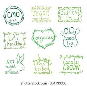 Gmo free, not tested on animals, eat local, healthy food, eco, organic bio, gluten free, vegetarian, vegan labels. Blurred rural background.Vector restaurant menu logo, badges templates