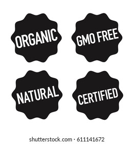 Gmo free, organic, natural and certified product black labels vector set 