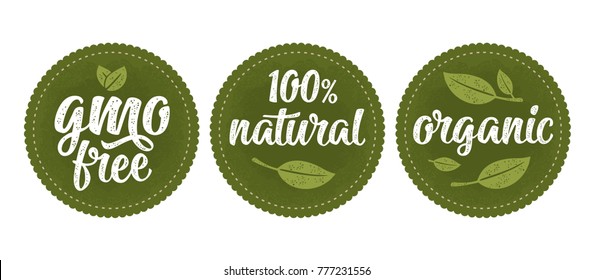 Gmo free, organic, natural lettering with leaf. Vector white vintage illustration isolated on dark green circle sticker. Sign natural organic food